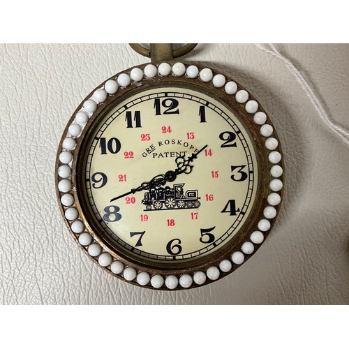 68 - GRE ROSKOPF PATENT LARGE POCKET WATCH WITH TRAIN DECORATION TO FACE , POTRAIT AND WHITE BEAD DECORAT... 