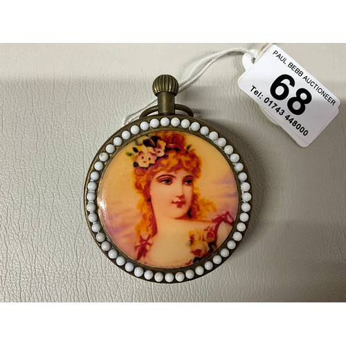 68 - GRE ROSKOPF PATENT LARGE POCKET WATCH WITH TRAIN DECORATION TO FACE , POTRAIT AND WHITE BEAD DECORAT... 