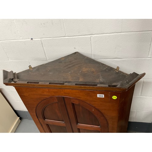 300 - GEORGIAN MAHOGANY DOMED PANELLED DOOR CORNER CUPBOARD WITH FITTED SPICE DRAWERS AND SHELVES TO INTER... 
