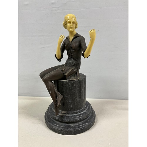 81 - REPRODUCTION BRONZE AND RESIN SEATED ART DECO LADY SEATED ON MARBLE BASE (BROKEN FINGER) H11