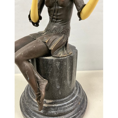 81 - REPRODUCTION BRONZE AND RESIN SEATED ART DECO LADY SEATED ON MARBLE BASE (BROKEN FINGER) H11