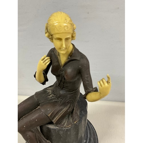 81 - REPRODUCTION BRONZE AND RESIN SEATED ART DECO LADY SEATED ON MARBLE BASE (BROKEN FINGER) H11