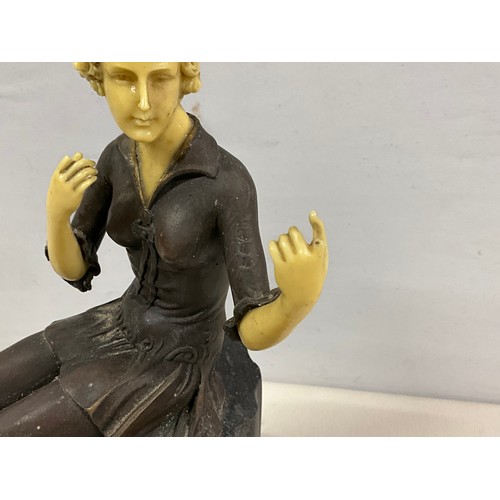 81 - REPRODUCTION BRONZE AND RESIN SEATED ART DECO LADY SEATED ON MARBLE BASE (BROKEN FINGER) H11