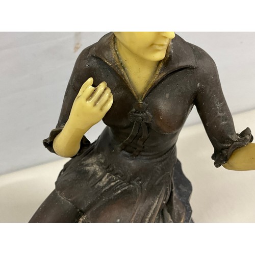 81 - REPRODUCTION BRONZE AND RESIN SEATED ART DECO LADY SEATED ON MARBLE BASE (BROKEN FINGER) H11