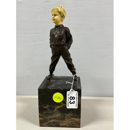 83 - REPRODUCTION BRONZE AND RESIN SKING BOY FIGURE ON MARBLE BASE H12