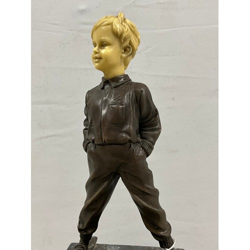 83 - REPRODUCTION BRONZE AND RESIN SKING BOY FIGURE ON MARBLE BASE H12