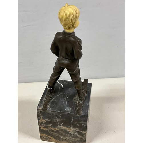 83 - REPRODUCTION BRONZE AND RESIN SKING BOY FIGURE ON MARBLE BASE H12