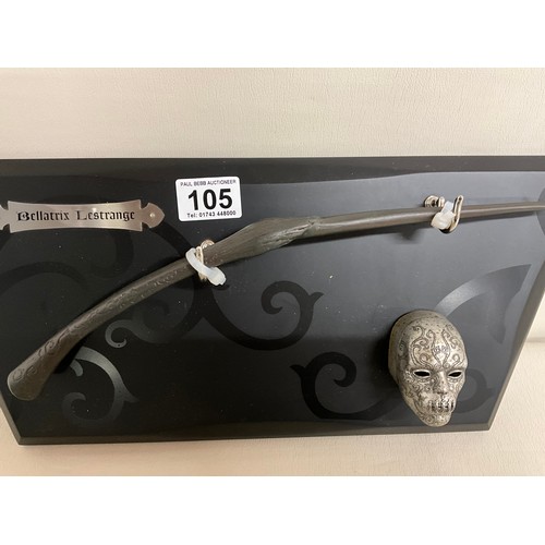 105 - HARRY POTTER WALL PLAQUE L45CM X 19CM BELLASTRIX LESTRANGE WAND AND MASK