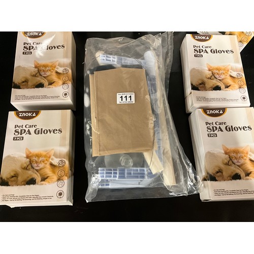 111 - QTY OF NEW 7 PIECE PET CARE GLOVES AND PET BED