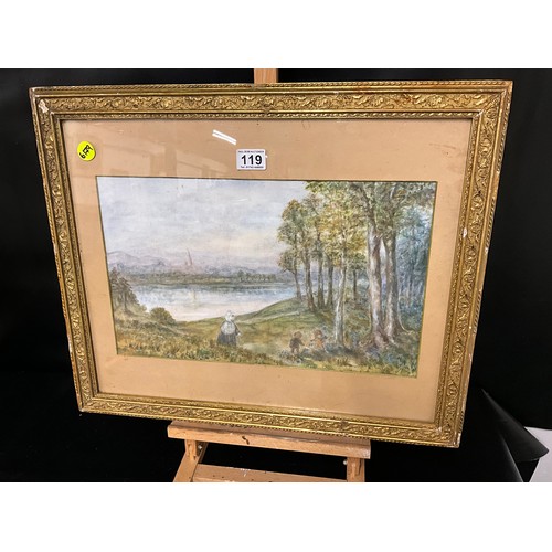 119 - GILT FRAMED WATERCOLOUR LAKE SCENE SIGNED TO CORNER 24