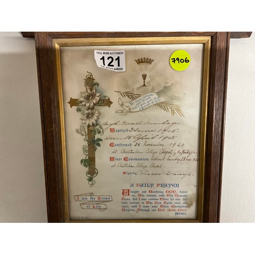 121 - 3 VINTAGE OAK FRAMED PHOTOGRAPHS AND A FRAMED BAPTISM CERTIFICATE DATED 1920