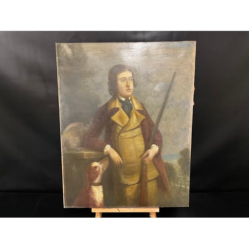 129 - GILT FRAMED OIL PAINTING OF POSSIBLY JOHN HALL WITH GUN DOG AND SHOTGUN 36