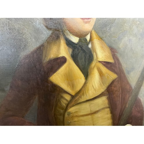 129 - GILT FRAMED OIL PAINTING OF POSSIBLY JOHN HALL WITH GUN DOG AND SHOTGUN 36