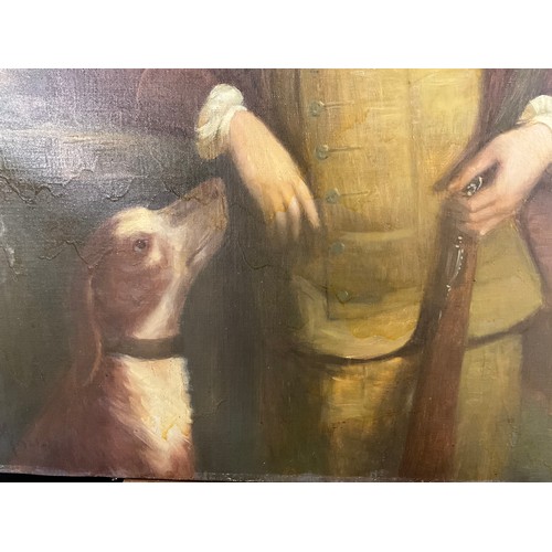 129 - GILT FRAMED OIL PAINTING OF POSSIBLY JOHN HALL WITH GUN DOG AND SHOTGUN 36