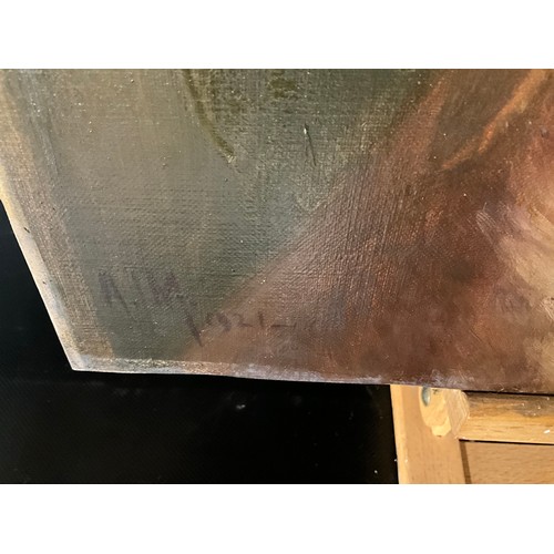 129 - GILT FRAMED OIL PAINTING OF POSSIBLY JOHN HALL WITH GUN DOG AND SHOTGUN 36