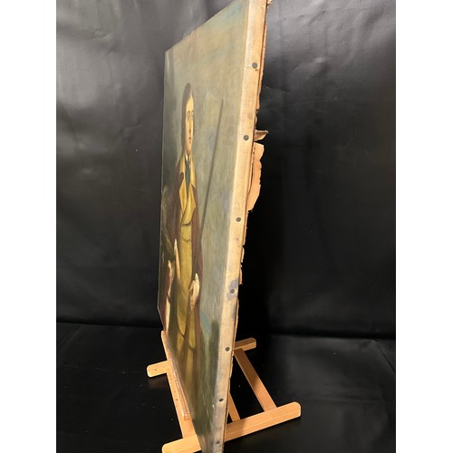 129 - GILT FRAMED OIL PAINTING OF POSSIBLY JOHN HALL WITH GUN DOG AND SHOTGUN 36