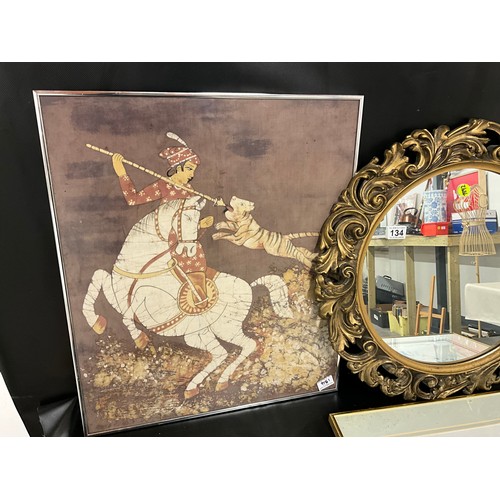 134 - ORNATE GILT FRAMED WALL MIRROR AND QTY OF PICTURES