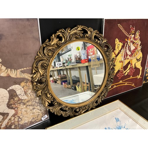 134 - ORNATE GILT FRAMED WALL MIRROR AND QTY OF PICTURES