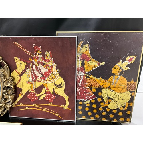 134 - ORNATE GILT FRAMED WALL MIRROR AND QTY OF PICTURES