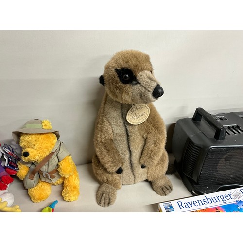 148 - POKERTABLE IN CASE, BOX OF BOOKS & JIGSAWS, BOX OF CUDDLY TOYS AND SHARP GHETTOBLASTER