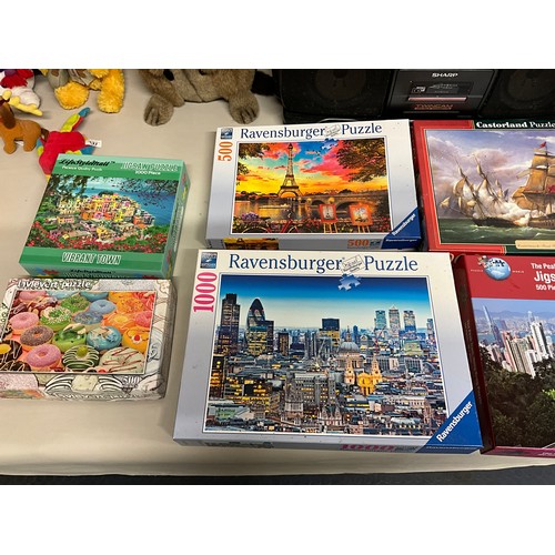 148 - POKERTABLE IN CASE, BOX OF BOOKS & JIGSAWS, BOX OF CUDDLY TOYS AND SHARP GHETTOBLASTER