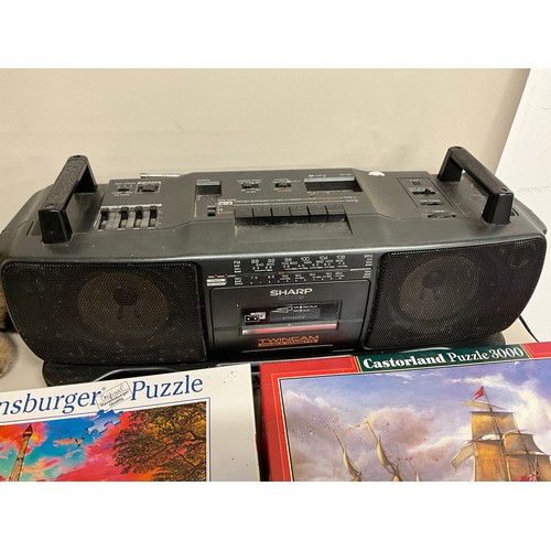 148 - POKERTABLE IN CASE, BOX OF BOOKS & JIGSAWS, BOX OF CUDDLY TOYS AND SHARP GHETTOBLASTER