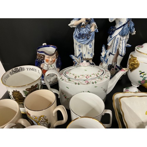 150 - 4 BOXES OF CHINA & GLASSWARE TO INCLUDE BESWICK CAT, AYNSLEY, WEDGWOOD, COALPORT, HIPFLASK, PAIR OF ... 