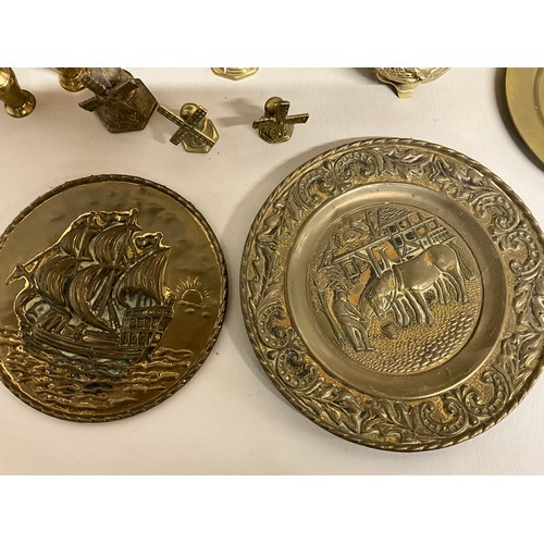 156 - BOX OF BRASSWARE TO INCLUDE JARDINERE, VASES, KETTLE ETC