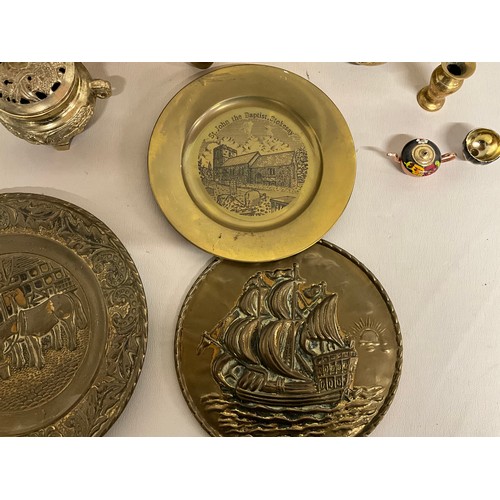 156 - BOX OF BRASSWARE TO INCLUDE JARDINERE, VASES, KETTLE ETC