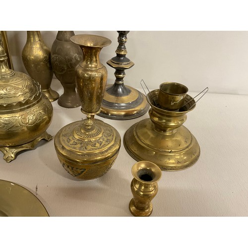 156 - BOX OF BRASSWARE TO INCLUDE JARDINERE, VASES, KETTLE ETC