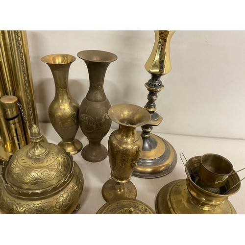 156 - BOX OF BRASSWARE TO INCLUDE JARDINERE, VASES, KETTLE ETC