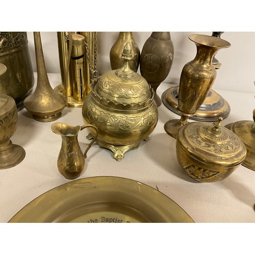 156 - BOX OF BRASSWARE TO INCLUDE JARDINERE, VASES, KETTLE ETC