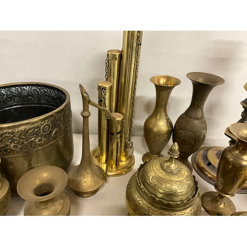 156 - BOX OF BRASSWARE TO INCLUDE JARDINERE, VASES, KETTLE ETC