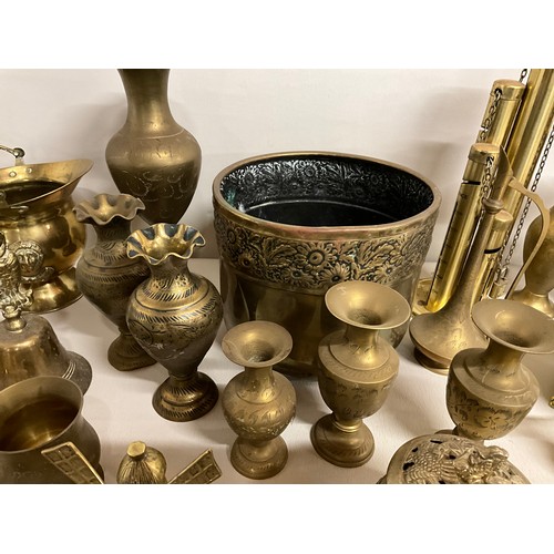 156 - BOX OF BRASSWARE TO INCLUDE JARDINERE, VASES, KETTLE ETC