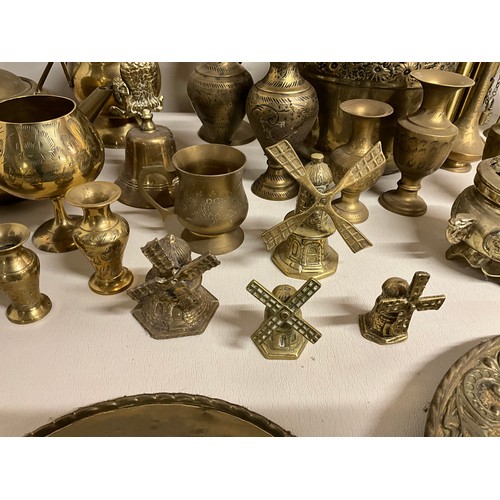 156 - BOX OF BRASSWARE TO INCLUDE JARDINERE, VASES, KETTLE ETC