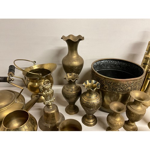 156 - BOX OF BRASSWARE TO INCLUDE JARDINERE, VASES, KETTLE ETC