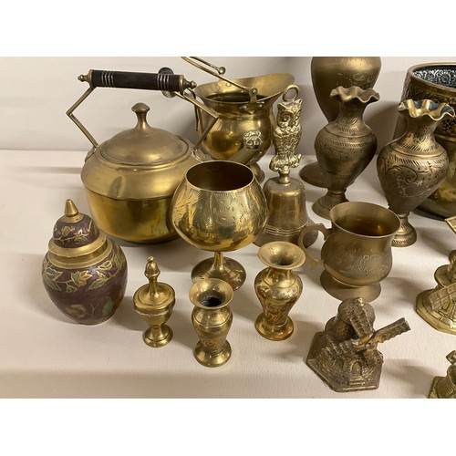 156 - BOX OF BRASSWARE TO INCLUDE JARDINERE, VASES, KETTLE ETC