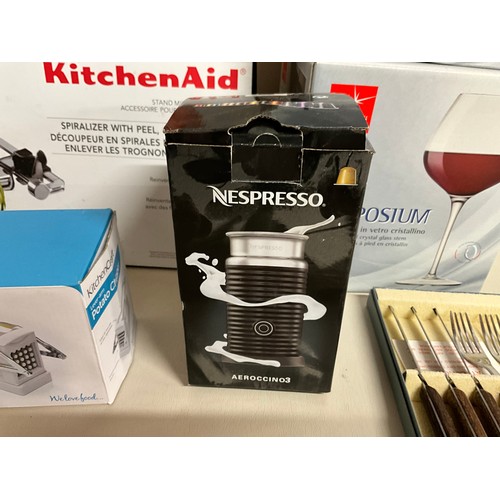 157 - BOX OF KITCHENWARE TO INCLUDE POTATO CLIPPERE/SLICER SET OF WINE GLASSES, NESPRESSO MILK FROTHER, RE... 