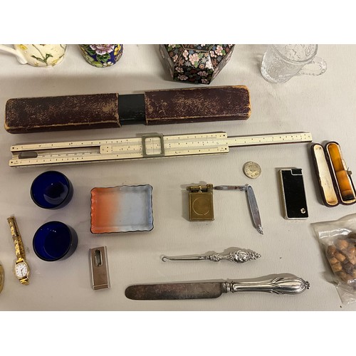 159 - 2 BOXES OF COLLECTABLES TO INCLUDE LIGHTERS, WATCHES, SILVER, BRONZE GOAT FIGURE, URANIUM BOWL OTHER... 