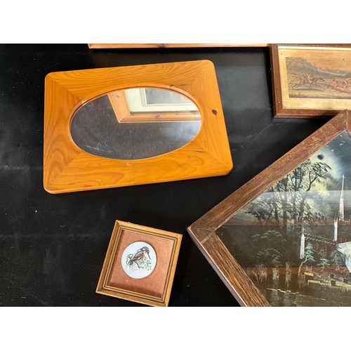 164 - BOX OF PICTURES TO INCLUDE HUNTING SCENE, WATERECOLOURS ETC