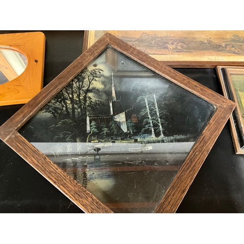 164 - BOX OF PICTURES TO INCLUDE HUNTING SCENE, WATERECOLOURS ETC