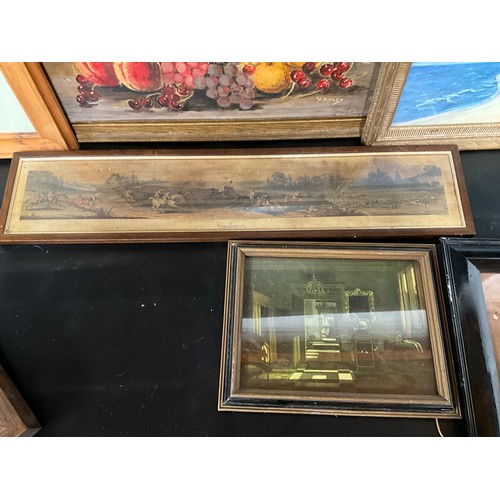 164 - BOX OF PICTURES TO INCLUDE HUNTING SCENE, WATERECOLOURS ETC