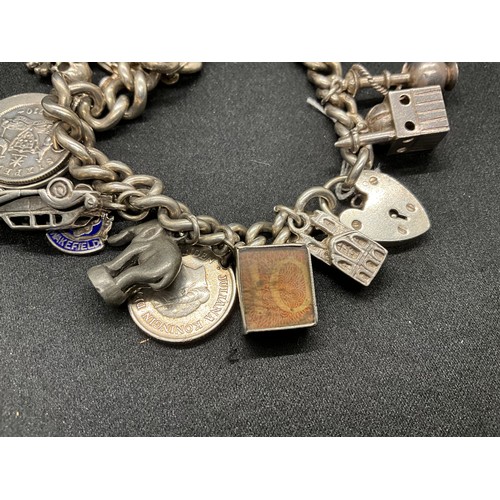 2 - HALLMARKED SILVER CHARM BRACELET WITH 20 CHARMS (1 COIN CHARM WHITE METAL) TW88.6G - HALLMARK SILVER... 
