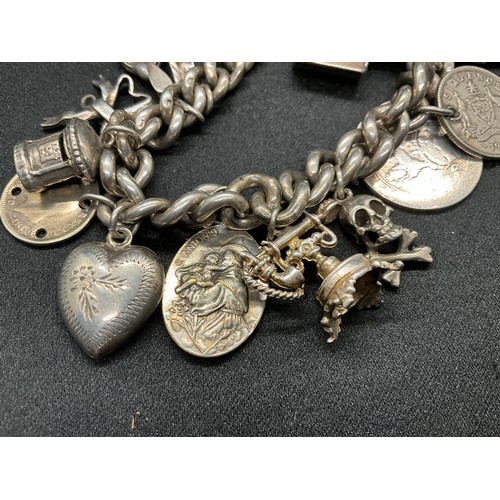 2 - HALLMARKED SILVER CHARM BRACELET WITH 20 CHARMS (1 COIN CHARM WHITE METAL) TW88.6G - HALLMARK SILVER... 
