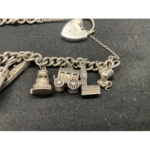12 - ENGLISH HALLMARKED SILVER CHARM BRACELET WITH 15 SILVER CHARMS TW78.2G - LOCKET CONTINENTAL STAMPED ... 