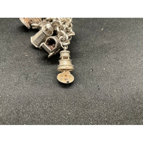 12 - ENGLISH HALLMARKED SILVER CHARM BRACELET WITH 15 SILVER CHARMS TW78.2G - LOCKET CONTINENTAL STAMPED ... 