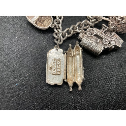 12 - ENGLISH HALLMARKED SILVER CHARM BRACELET WITH 15 SILVER CHARMS TW78.2G - LOCKET CONTINENTAL STAMPED ... 