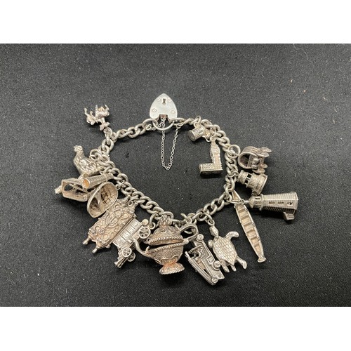 12 - ENGLISH HALLMARKED SILVER CHARM BRACELET WITH 15 SILVER CHARMS TW78.2G - LOCKET CONTINENTAL STAMPED ... 