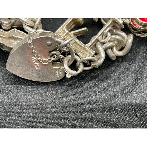19 - SILVER CHARM BRACELET (TESTED) WITH 20 SILVER CHARMS W69.5G - ENGLISH HALLMARK LOCKET & CHAIN