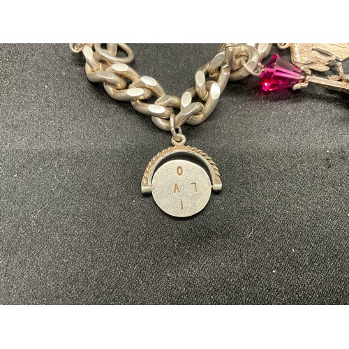 22 - HALLMARKED SILVER CHARM BRACELET WITH 6 SILVER CHARMS W54G - SAFETY CHAIN IS NOT SILVER, LOCKET & CH... 